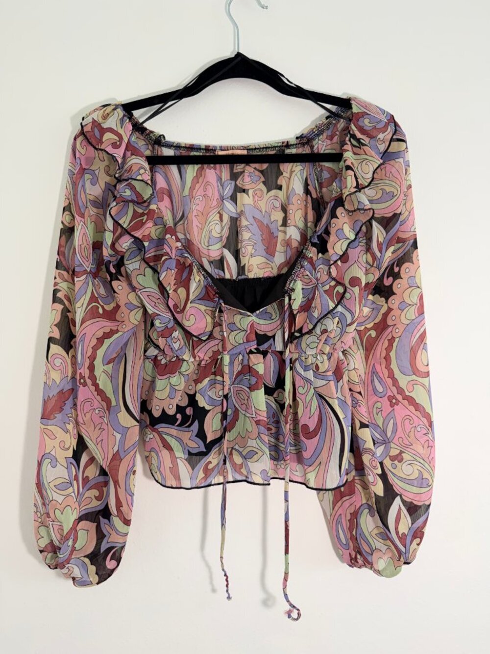 Evolutionary Sheer Paisley Ruffle Tie Front Crop Blouse Size S Boho Y2K